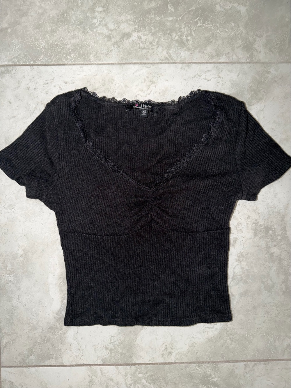 Women's Black Ribbed lace V-Neck Short Sleeve Top